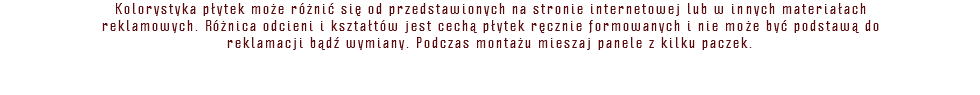 Kolorystyka płytek może różnić się od przedstawionych na stronie internetowej lub w innych materiałach reklamowych. Różnica odcieni i kształtów jest cechą płytek ręcznie formowanych i nie może być podstawą do reklamacji bądź wymiany. Podczas montażu mieszaj panele z kilku paczek. 